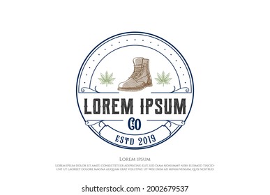Zapato de botas retro circular y hoja de marihuana de cannabis para cultivo o vector de logotipo de etiquetas de aceite del CBD de Hemp