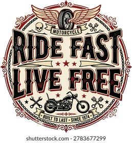 Retro circular emblem conveying freedom and speed through a motorcycle motif. Ideal for apparel graphics and adventure branding.