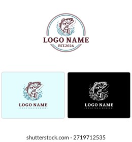 Logotipo circular retro de la insignia del pez para las marcas de la pesca y las tiendas al aire libre. Vector y editable en CorelDRAW.