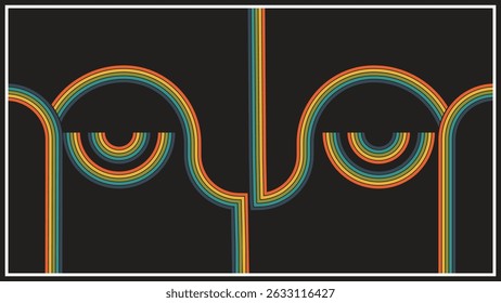 Retro-Kreisliniendesign mit symmetrischem Fluss und fetten Farbstreifen auf schwarzem Hintergrund