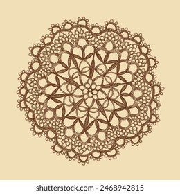 Retro circular ornaments. Crochet lace napkin. Vintage brown and beige card, hand-drawn, vector sketch. Old design. Line graphics. 