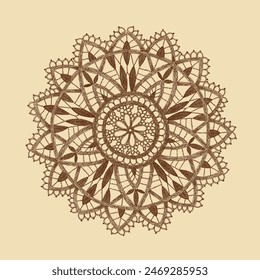 Retro circular ornaments. Crochet lace napkin. Vintage brown and beige card, hand-drawn, vector sketch. Old design. Line graphics. 