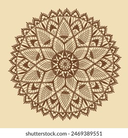 Retro circular ornaments. Crochet lace napkin. Vintage brown and beige card, hand-drawn, vector sketch. Old design. Line graphics. 