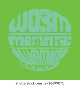 Retro circular typography design with light blue distorted text on green background in 1960s style