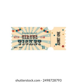 Retro circus admit one in light blue and beige colors. Vintage ticket template design isolated on white background. 