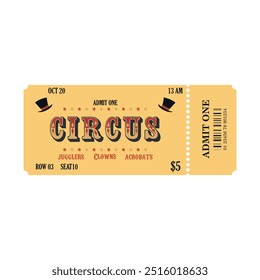 Retro circus admit one ticket yellow color. Vintage ticket template design isolated on white background.	