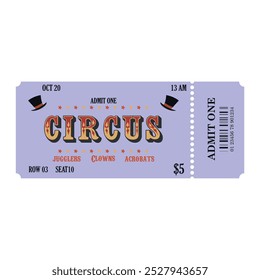 Retro circus admit one ticket vintage purple color. Vintage ticket template design isolated on white background.