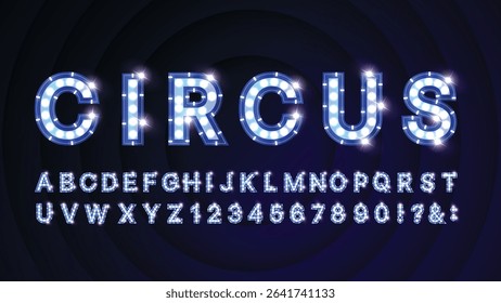 Retro Circus Alphabet with Blue Light Bulbs – LED Cabaret Style Letters and Numbers Vector