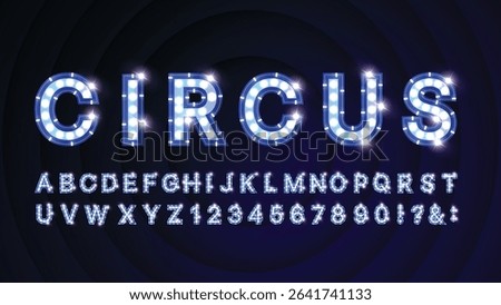 Retro Circus Alphabet with Blue Light Bulbs – LED Cabaret Style Letters and Numbers Vector