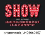 Retro circus alphabet design, cabaret, LED lamps letters and numbers. Original design