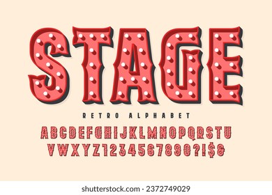 Diseño del alfabeto del circo retro, cabaret, letras de lámparas LED y números. Diseño original