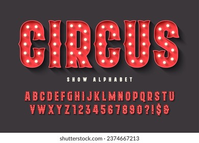 Diseño del alfabeto del circo retro, cabaret, letras de lámparas LED y números. Diseño original