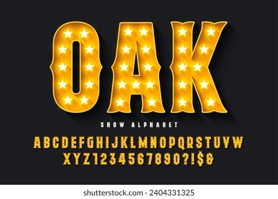 Retro circus alphabet design, cabaret, LED lamps letters and numbers. Original design