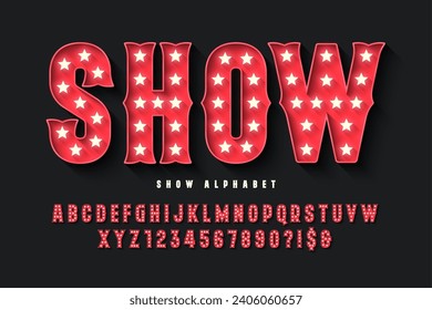 Retro circus alphabet design, cabaret, LED lamps letters and numbers. Original design svg