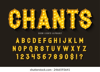 Retro circus alphabet design, cabaret, fairy LED lamps letters and numbers. Original design