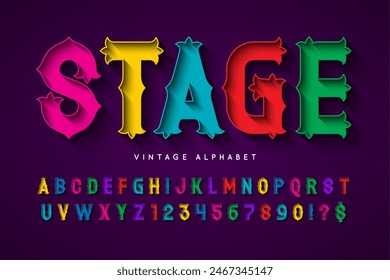 Retro circus alphabet design, cabaret, multicolor letters and numbers. Original design. Color swatches control