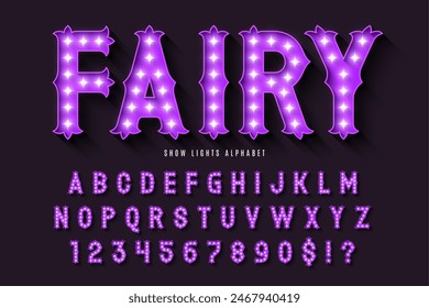 Retro circus alphabet design, cabaret, fairy LED lamps letters and numbers. Original design