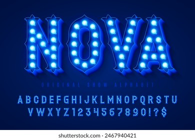 Retro circus alphabet design, cabaret, fairy LED lamps letters and numbers. Original design