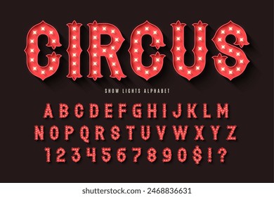 Retro circus alphabet design, cabaret, fairy LED lamps letters and numbers. Original design