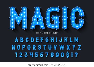 Retro circus alphabet design, cabaret, fairy LED lamps letters and numbers. Original design