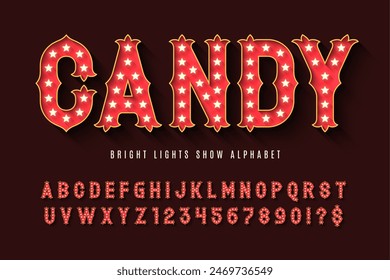 Retro circus alphabet design, cabaret, fairy LED lamps letters and numbers. Original design