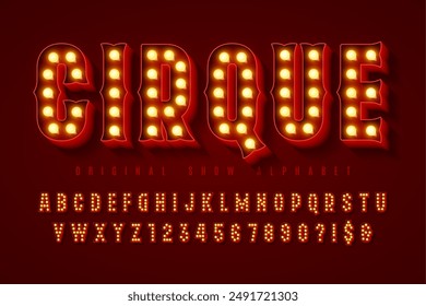 Retro circus alphabet design, cabaret, fairy LED lamps letters and numbers. Original design