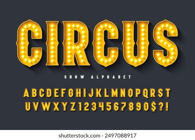 Retro circus alphabet design, cabaret, fairy LED lamps letters and numbers. Original design