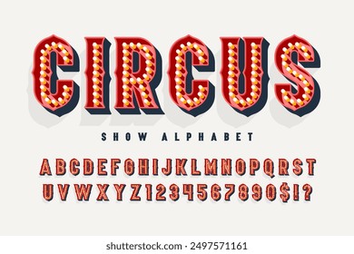 Retro circus alphabet design, cabaret, fairy LED lamps letters and numbers. Original design