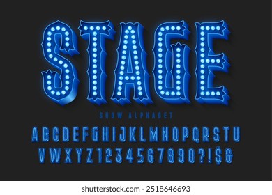 Retro circus alphabet design, cabaret, fairy LED lamps letters and numbers. Original design