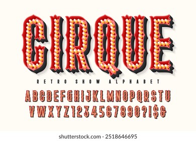 Retro circus alphabet design, cabaret, fairy LED lamps letters and numbers. Original design