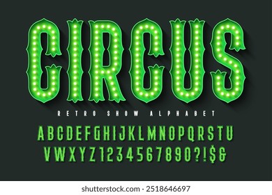 Retro circus alphabet design, cabaret, fairy LED lamps letters and numbers. Original design