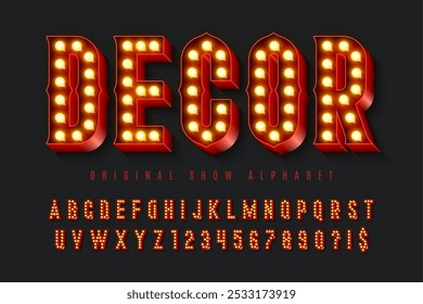 Retro circus alphabet design, cabaret, fairy LED lamps letters and numbers. Original design