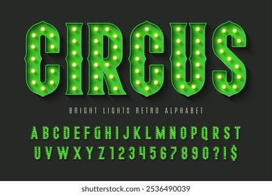 Retro circus alphabet design, cabaret, fairy LED lamps letters and numbers. Original design