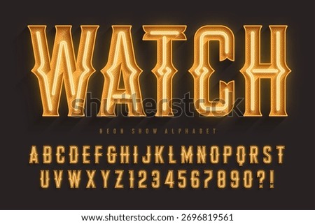 Retro circus alphabet design, cabaret, fairy neon lamps letters and numbers. Original design