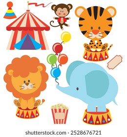 Retro circus animals vector cartoon illustration