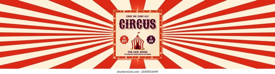 Banner circo retro com raios vermelhos no fundo e quadro vintage. Modelo para cabeçalhos de eventos, anúncios de carnaval ou promoções temáticas. Ilustração vetorial