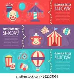 Retro circus banners with vintage festival elements, striped tent, clown, carousel, balloon, magic hat for performance. Design templates and posters