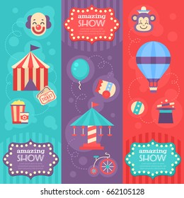 Retro circus banners with vintage festival elements, striped tent, clown, carousel, balloon, magic hat for performance. Design templates and posters