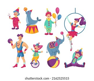 Retro circus. Carnival clown. Cute magicians and jesters performance. Elephant and seal trainer. Juggling athlete. Strongman or midget on unicycle. Vector isolated festival artists set