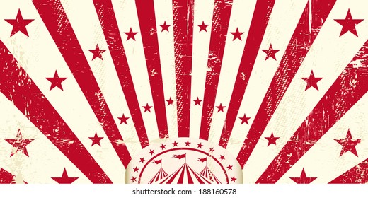 A retro circus invitation with a texture and red sunbeams.