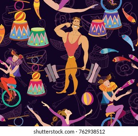 Retro circus pattern vintage style. Circus seamless pattern. Acrobat, clown, carnival show actors vector