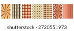 Retro circus patterns set: sunburst, vertical stripes, stars, and harlequin diamonds in vintage colors.