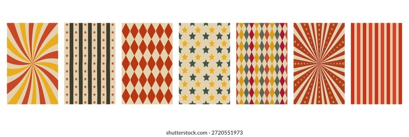 Set Retro Zirkusmuster: Sunburst, vertikale Streifen, Sterne und Harlekin-Diamanten in Vintage-Farben.