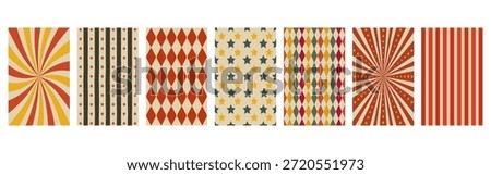 Retro circus patterns set: sunburst, vertical stripes, stars, and harlequin diamonds in vintage colors.