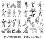 Retro circus performance set sketch style vector illustration. Old hand drawn engraving imitation. Human and animals vintage drawings