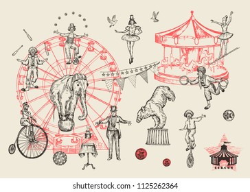 Retro circus performance set sketch stile vector illustration. Hand drawn imitation. Human and animals.