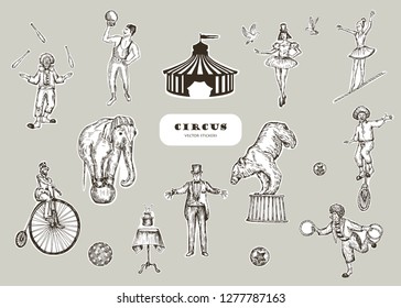 Retro circus performance set sketch stile vector illustration. Hand drawn imitation. Human and animals. Stickers design. 