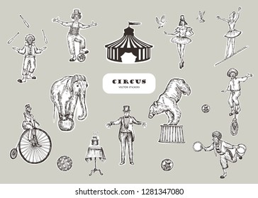 Retro circus performance set sketch stile vector illustration. Hand drawn imitation. Human and animals. Stickers design. 