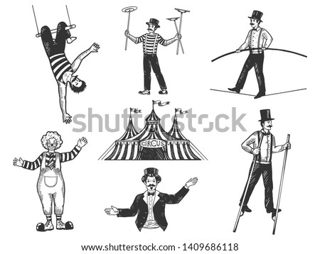 Retro circus performance set sketch vector illustration. Old hand drawn engraving imitation. Human and animals vintage drawings Stock photo © 