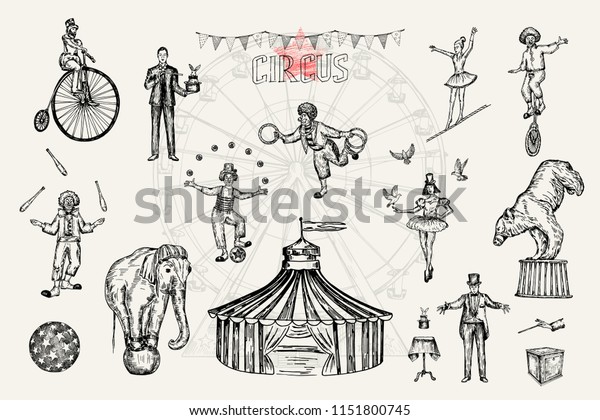 Retro Circus Performance Set Sketch Stile Stock Vector (Royalty Free ...